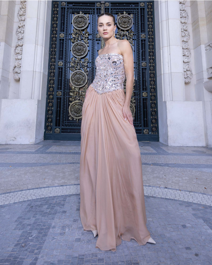 Elysia, Beige Embellished Corset Gown with Draped Skirt