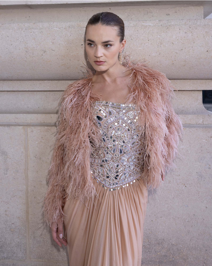 Elysia, Beige Embellished Corset Gown with Draped Skirt