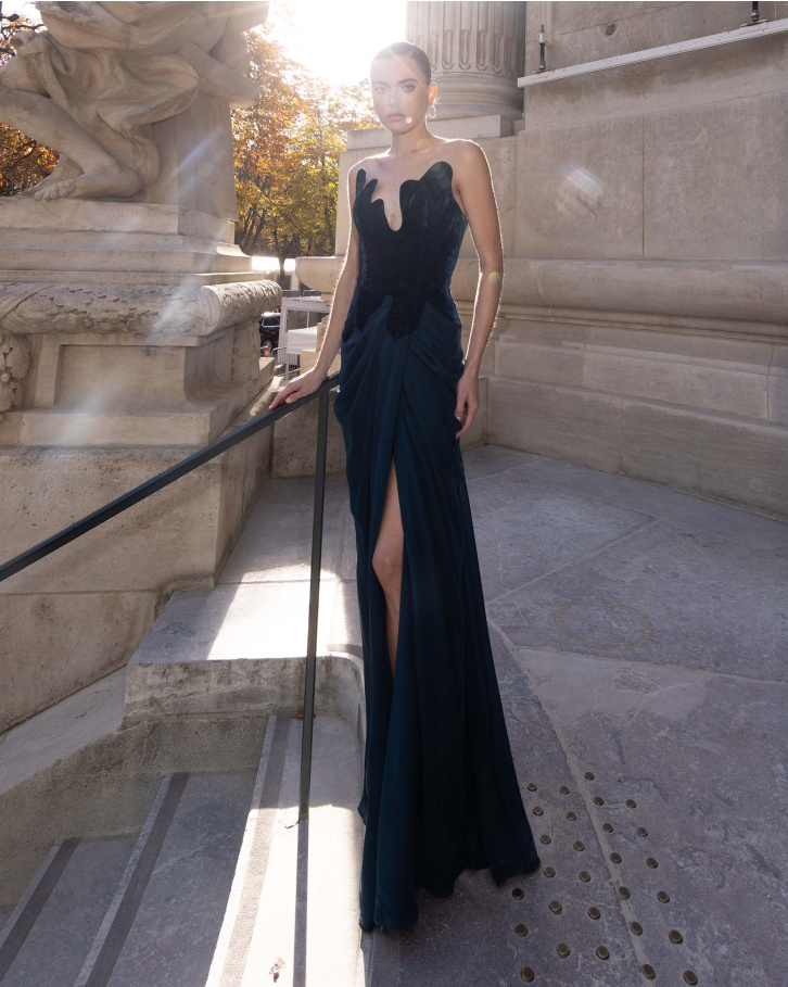 Thetis, Sailor Blue Velvet Gown with draped skirt