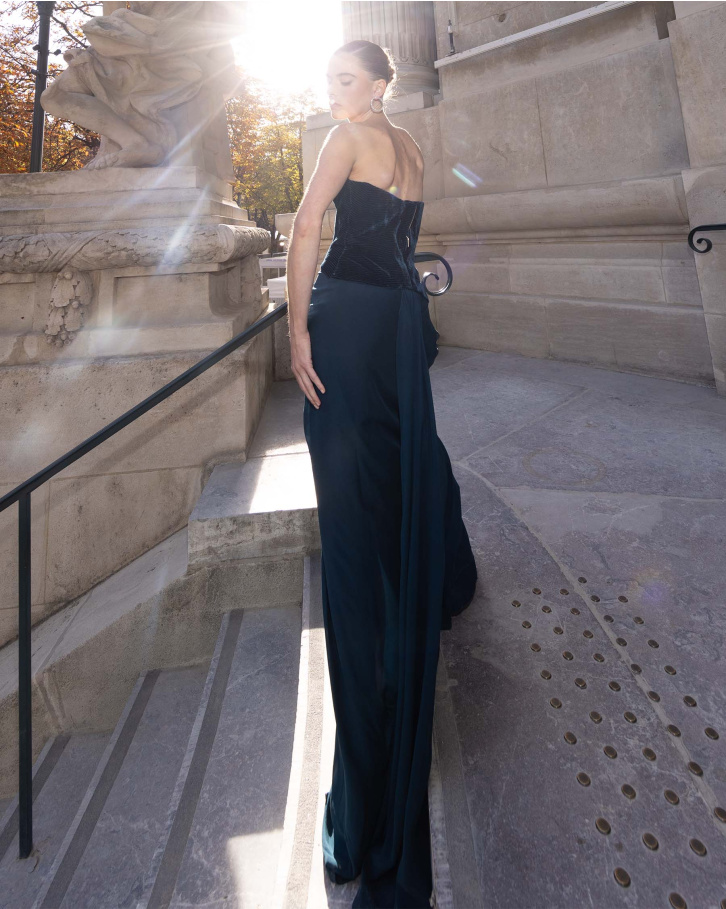 Thetis, Sailor Blue Velvet Gown with draped skirt