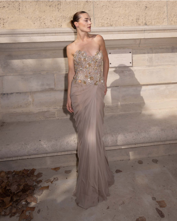 Soraya, Beige Embellished Corset Gown and drape skirt