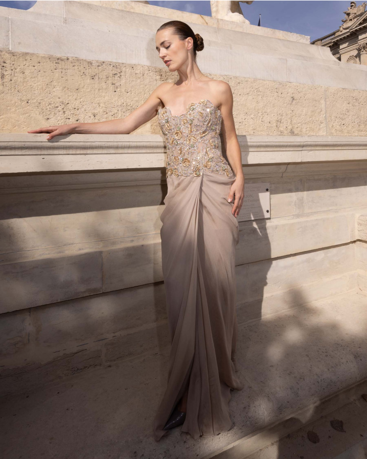 Soraya, Beige Embellished Corset Gown and drape skirt