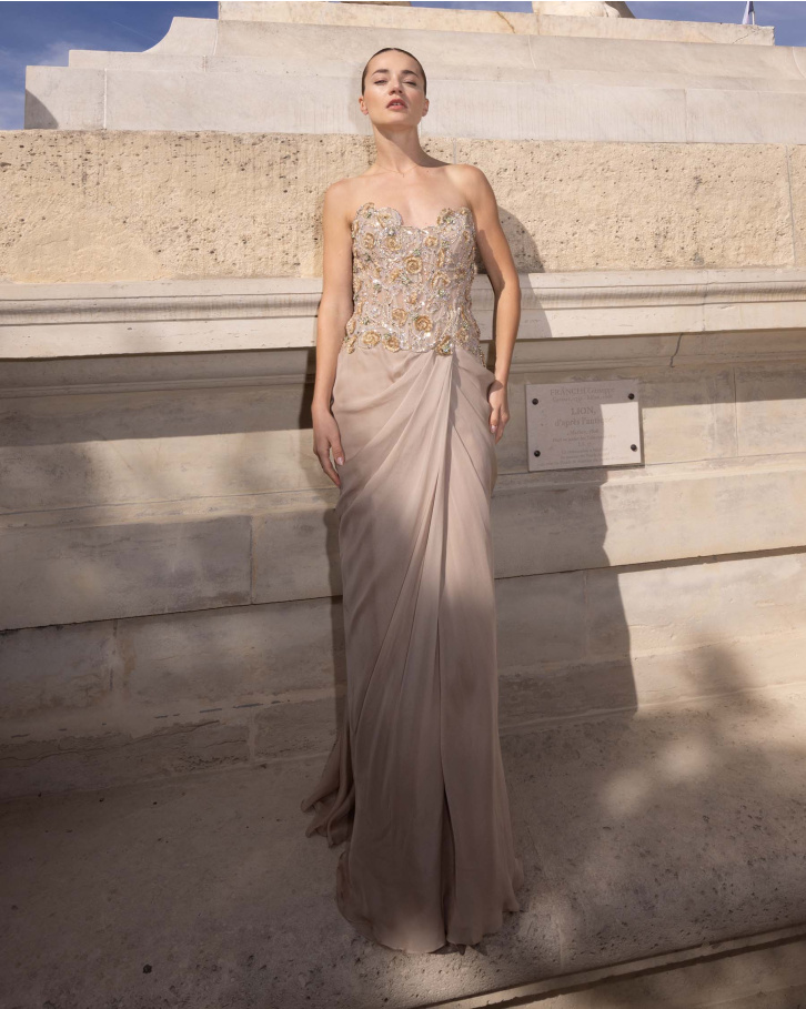 Soraya, Beige Embellished Corset Gown and drape skirt