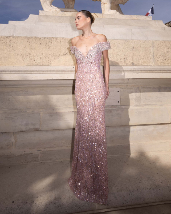 Adeline, Beige Embellished Off-Shoulder Gown