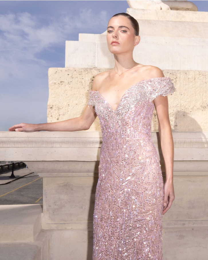Adeline, Beige Embellished Off-Shoulder Gown