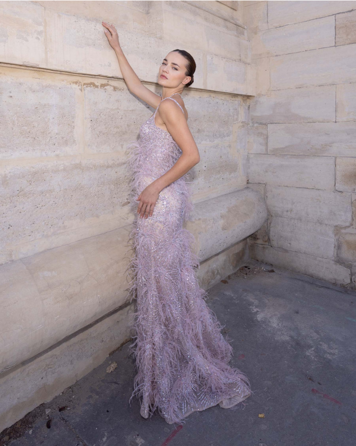 Zora, Champagne Embellished Gown with Pink Feathers