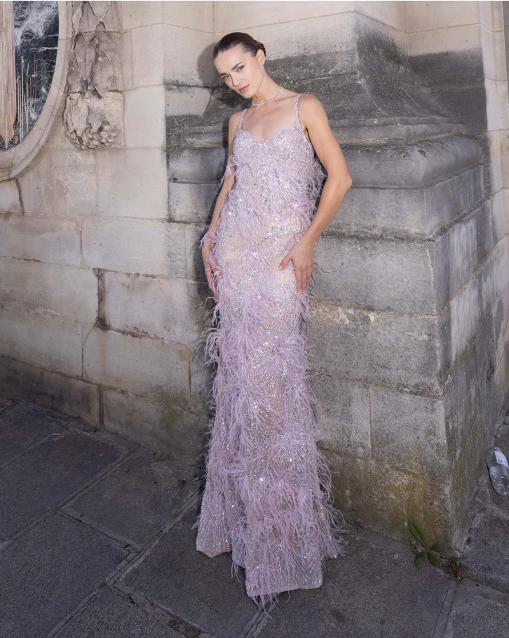 Zora, Champagne Embellished Gown with Pink Feathers