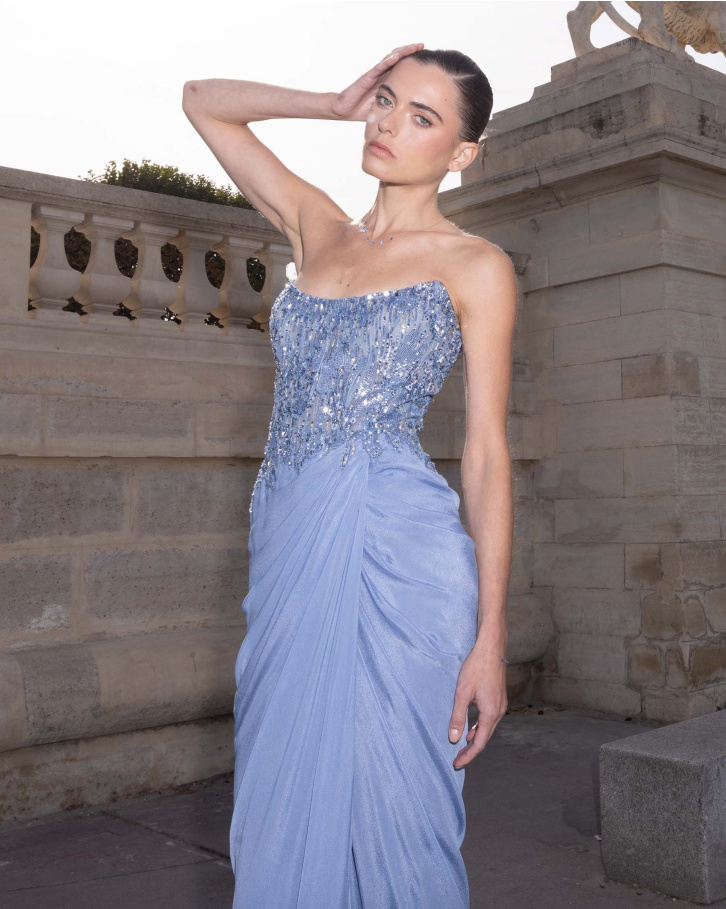 Cora, Country air Embellished Corset Gown with chiffon draped skirt