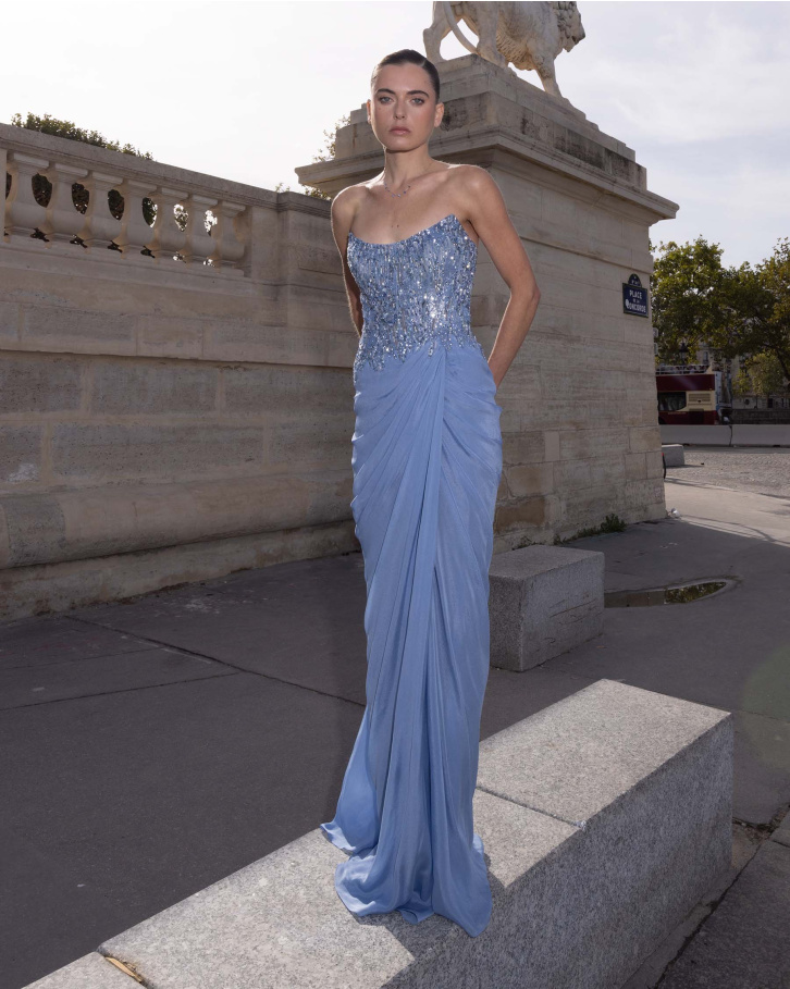 Cora, Country air Embellished Corset Gown with chiffon draped skirt
