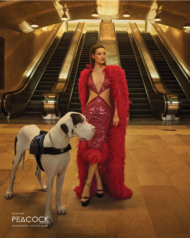 Claret sequinned cut-out dress with feather cape
