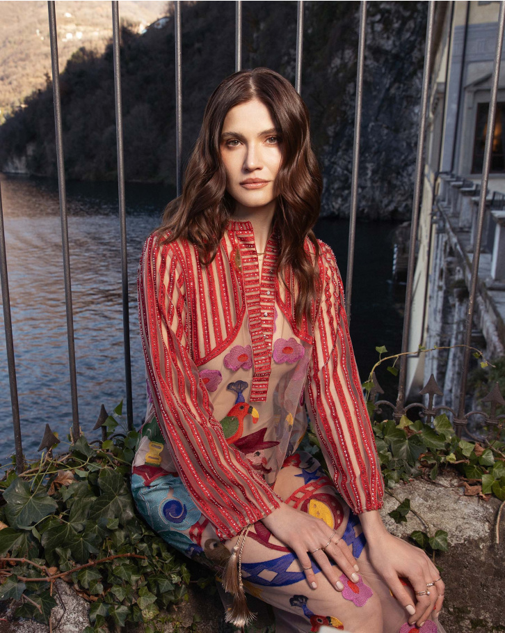 Cana, Sheer-based, multicoloured embroidered dress