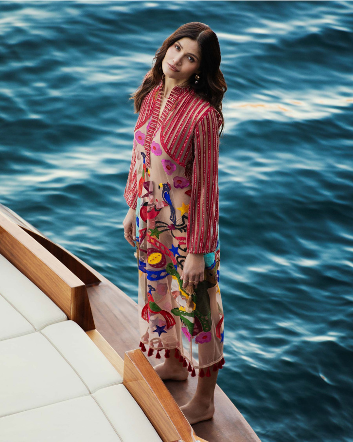 Cana, Sheer-based, multicoloured embroidered dress