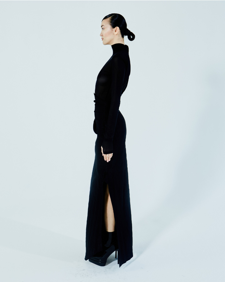 Black turtleneck bodysuit and long skirt