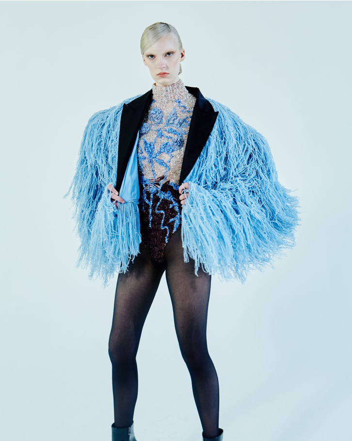 Multicoloured bodysuit with powder blue jacket
