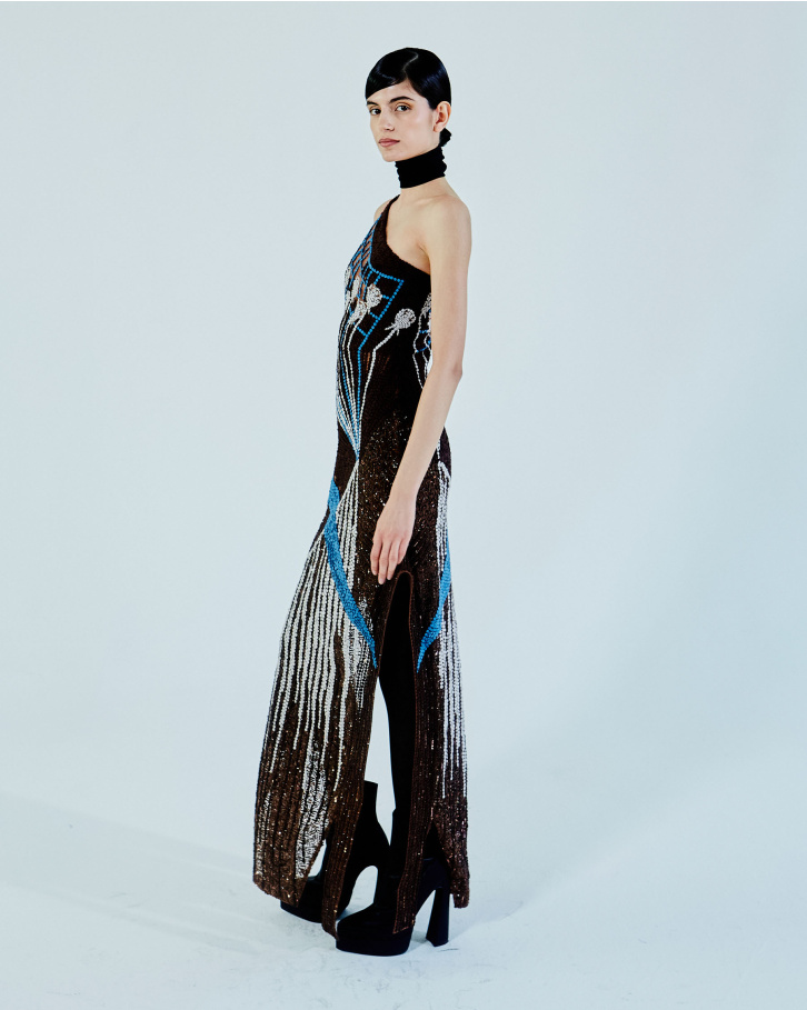 Mocha brown-based, one shoulder long dress