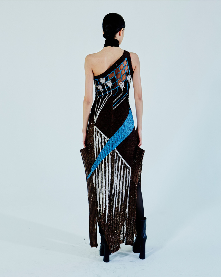 Mocha brown-based, one shoulder long dress