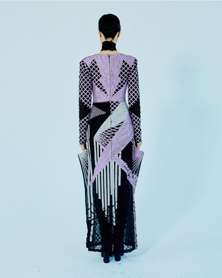 Multicoloured silk button embroidered, long dress