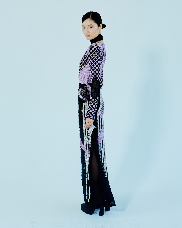 Multicoloured silk button embroidered, long dress