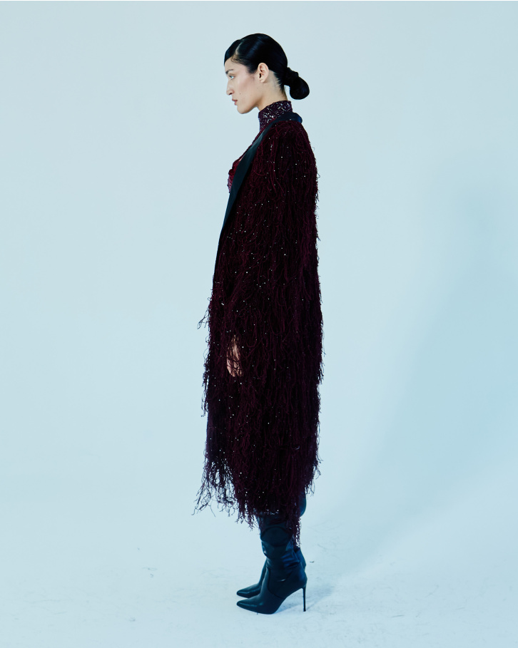 Wine-hued long dress with fringed jacket