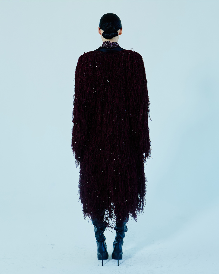 Wine-hued long dress with fringed jacket