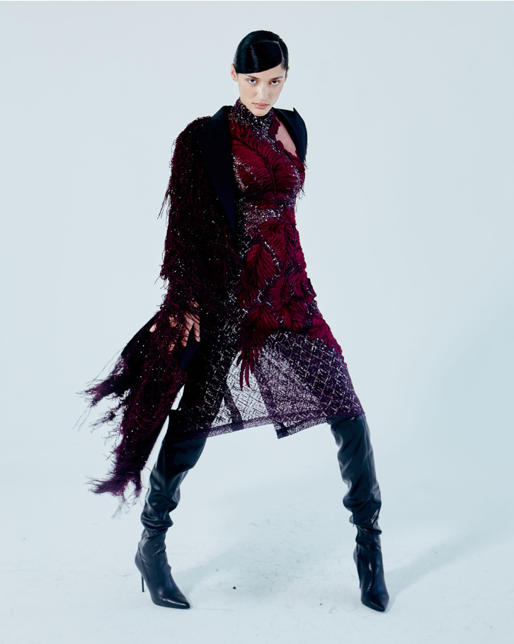 Wine-hued long dress with fringed jacket