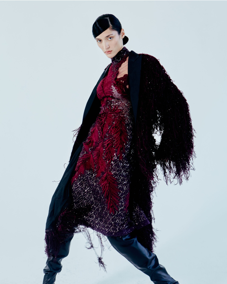 Wine-hued long dress with fringed jacket