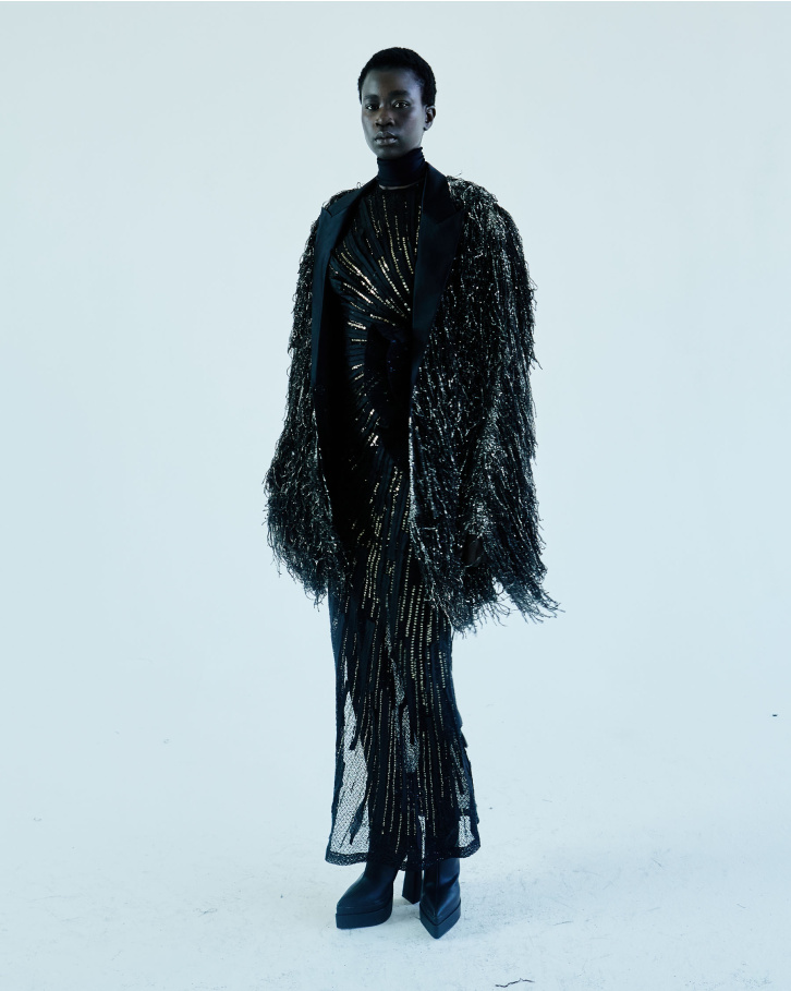 Black sheer-based, dress with gunmetal fringed jacket