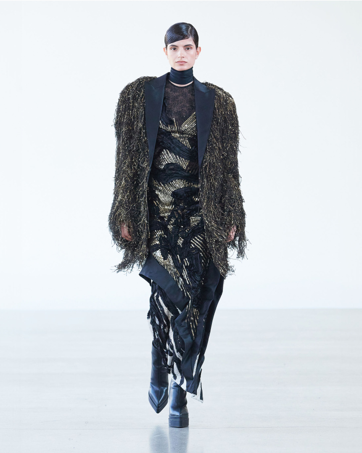 Black embroidered long dress with black and gold jacket