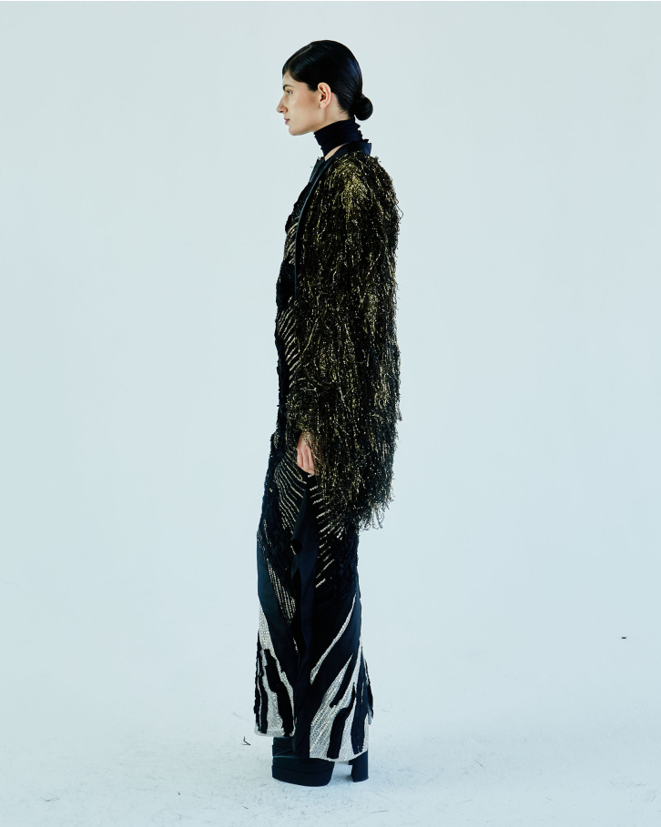 Black embroidered long dress with black and gold jacket