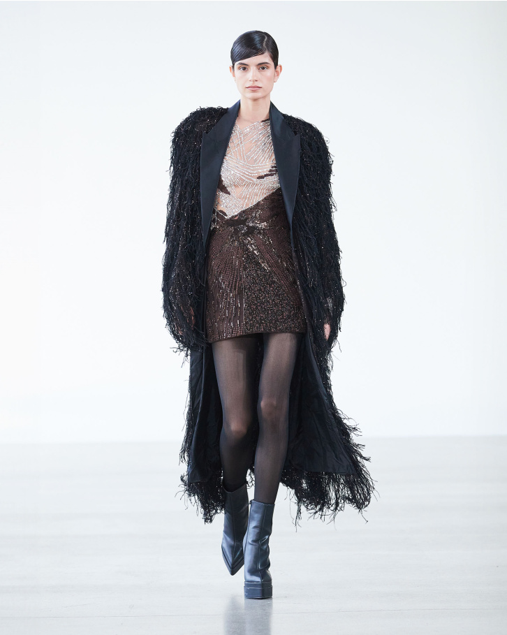 Chestnut brown and silver short dress and fringed jacket