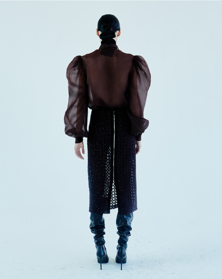 Burgundy-based, embroidered skirt and organza shirt