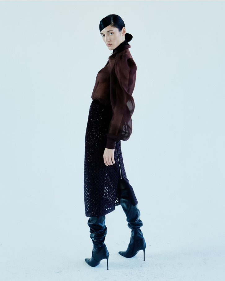 Burgundy-based, embroidered skirt and organza shirt
