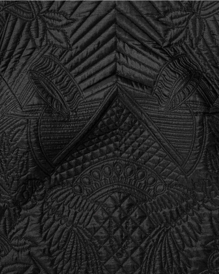 Black quilted short dress with feather accents