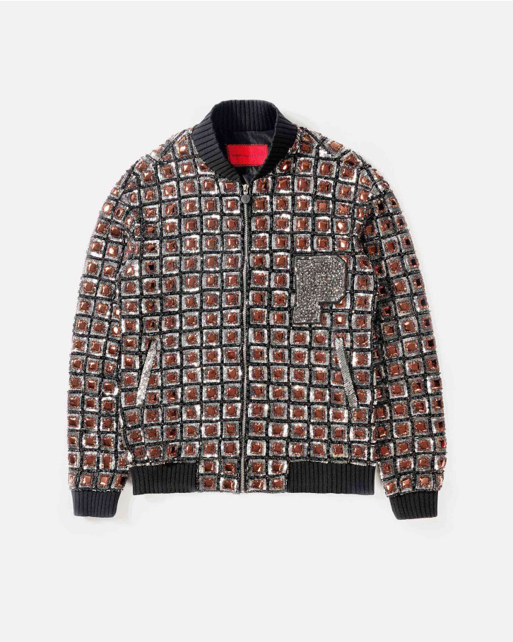 Brown chrome appliqué bomber jacket