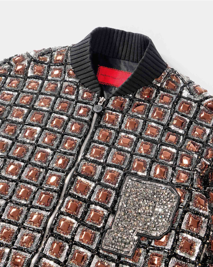 Brown chrome appliqué bomber jacket