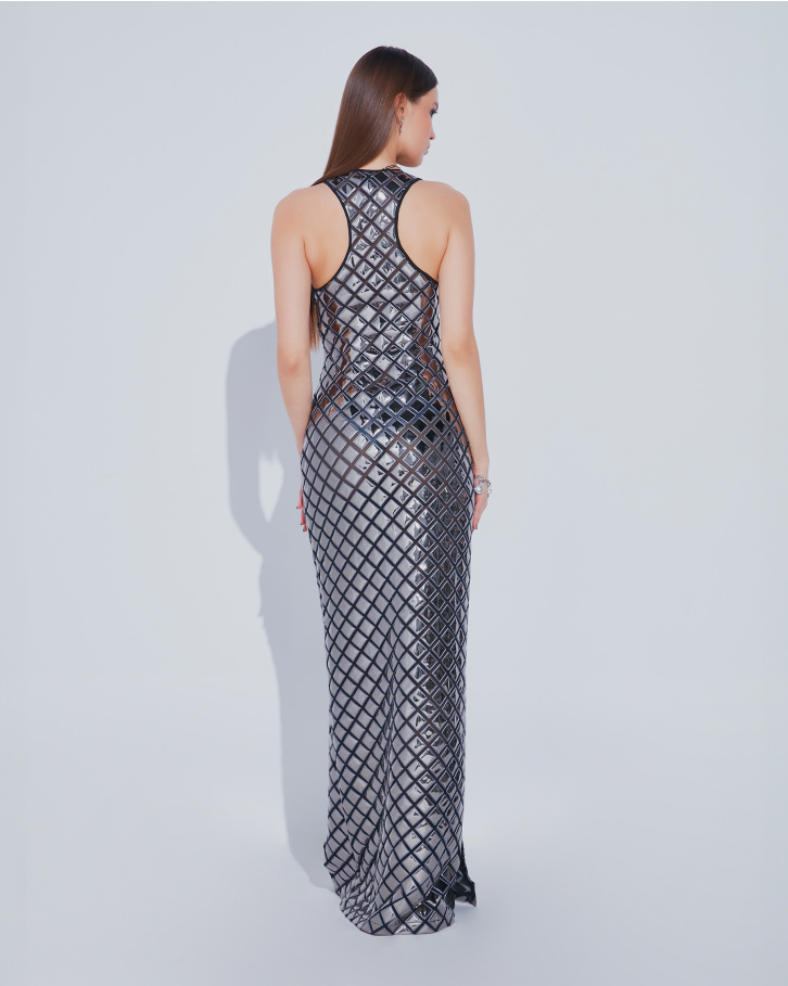 Silver chrome applique long dress