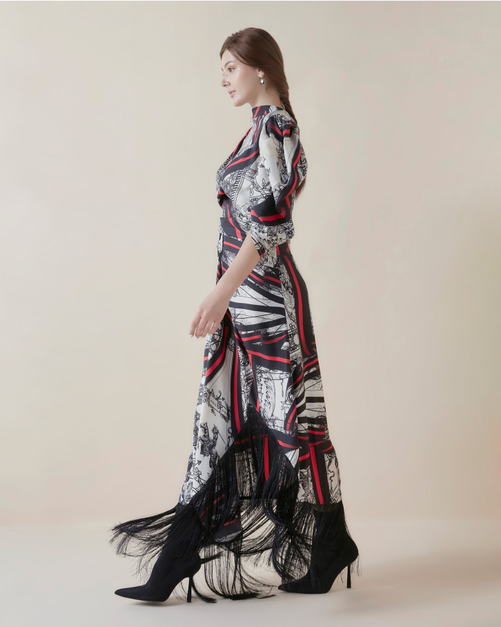 Crimson Nouveau long fringe dress