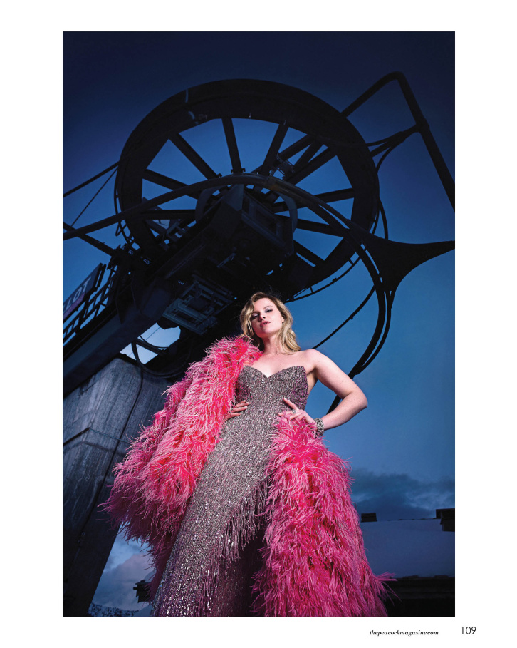 Silver & pink sequinned, off-shoulder gown
