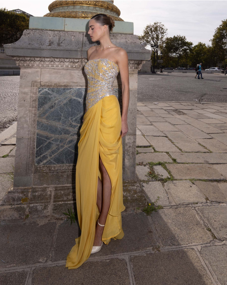 Citrine, Lemon and Silver Embellished Gown and Draped Gown
