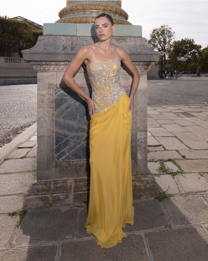 Citrine, Lemon and Silver Embellished Gown and Draped Gown