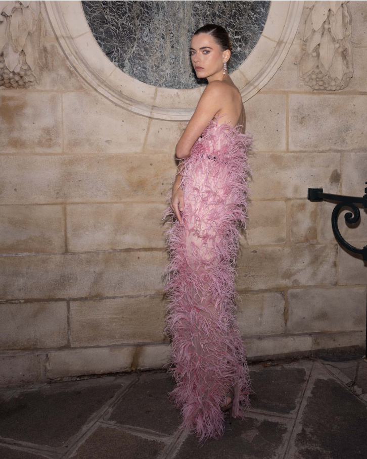Silene, Pink feather and embellished Gown