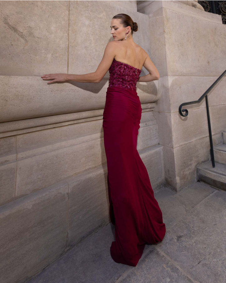 Valentina, Pomengranate  Embellished Corset Gown with chiffon draped skirt