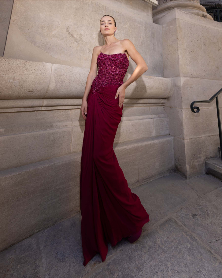 Valentina, Pomengranate  Embellished Corset Gown with chiffon draped skirt