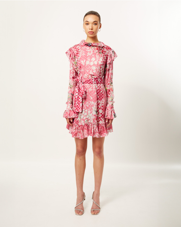 Pink Botanic Checker Frill Dress