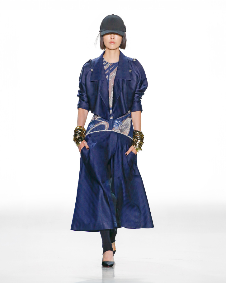 Blue trench-style slip dress with a cropped jacket