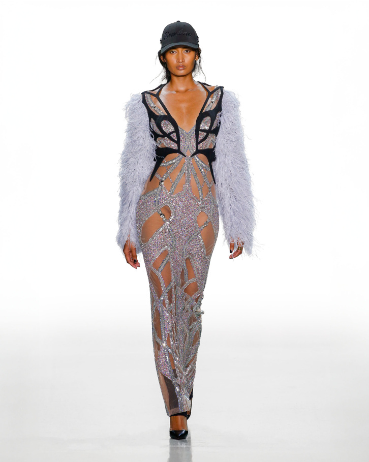 Sheer silver embellished dress with feathered sleeves
