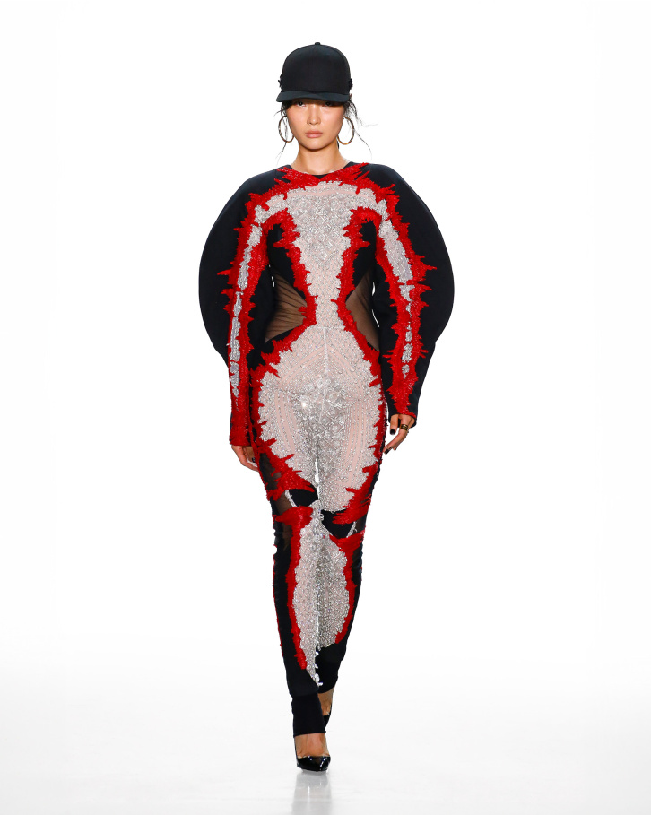 Black and red embellished catsuit