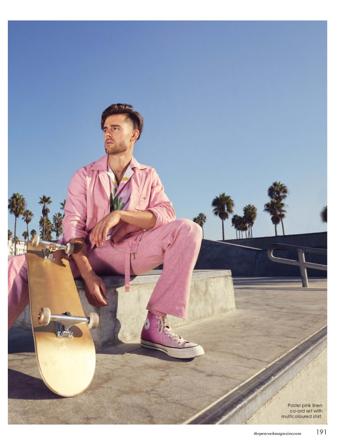 Pastel pink linen co-ord set with multicoloured shirt