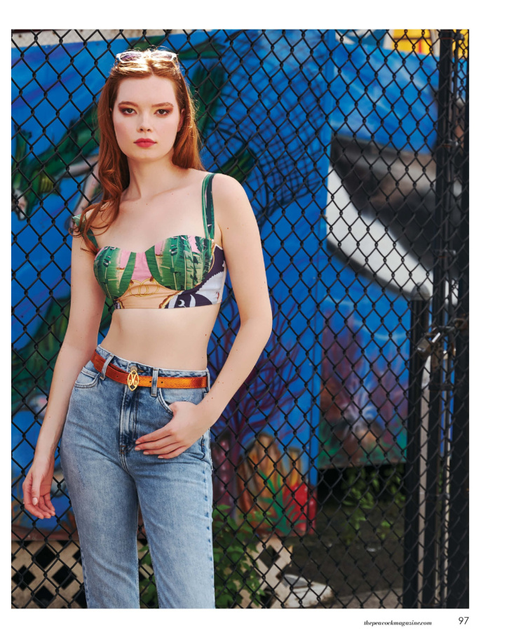 Multicoloured bralette paired with a pair of jeans