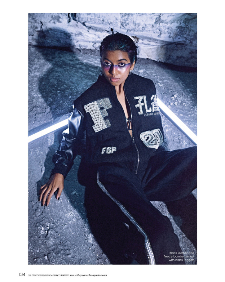 Black leather and fleece bomber jacket with black joggers